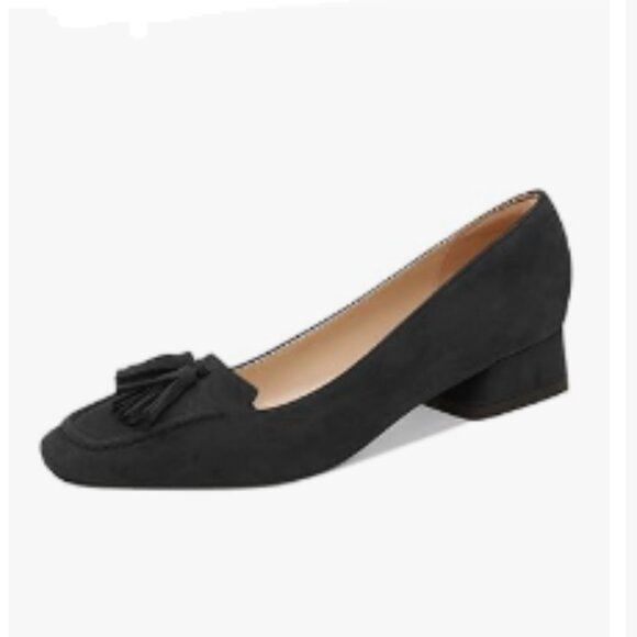 YDN Black Block Low Heel Loafers Square Toe Tassel Fringed Pump Slip On Shoe - Picture 1 of 8